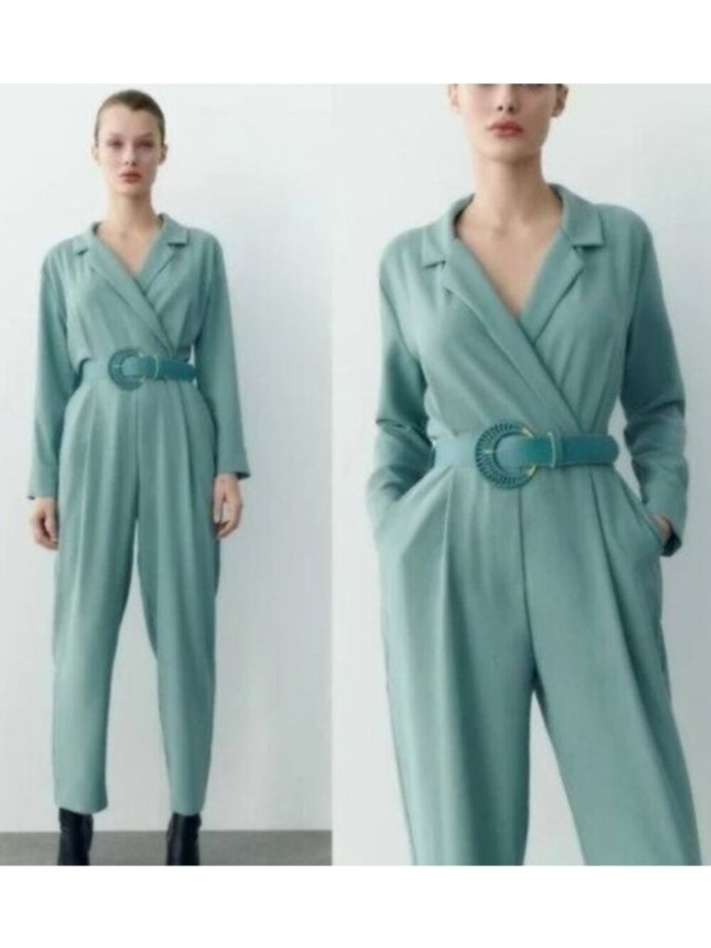 Zara | Long Sleeve Lapel Collar Surplus V Neck Jumpsuit Dusty Green Blue